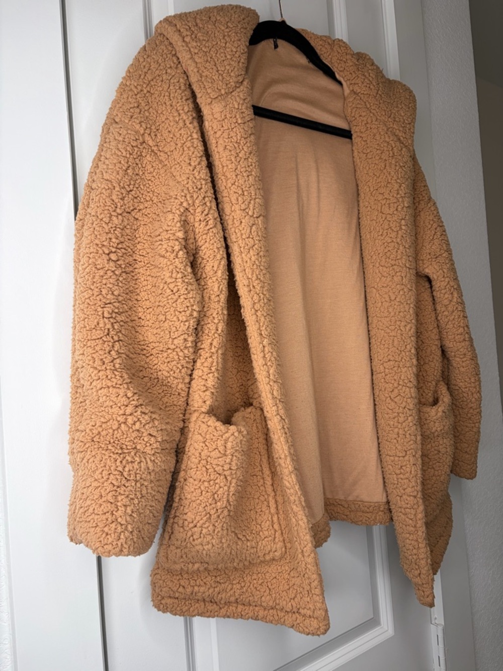 Camel Teddy Sherpa Hooded Coat Oversized Open Front Fleece Jacket Cozy - Picture 4 of 8